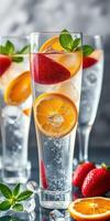 Refreshing summer drinks with ice, strawberries, and citrus fruits served in elegant glasses photo