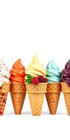 Colorful ice cream cones lined up in a row with various flavors and toppings photo