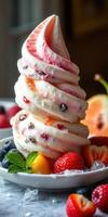 Sweet and colorful frozen dessert topped with fresh fruits in a cozy cafe setting photo