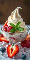 Delicious dessert featuring soft-serve ice cream topped with fresh berries and mint leaves in a glass bowl photo