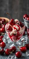 Delicious cherry dessert served in a glass bowl with drizzled syrup and fresh cherries on ice photo