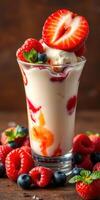 Refreshing summer dessert featuring mixed berries and creamy ice cream served in a tall glass photo