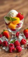 Colorful dessert bowl filled with ice cream, fresh fruits, and mint leaves on a wooden table photo