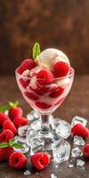 Raspberry dessert served in a glass bowl with mint leaves and ice cubes for a refreshing treat photo