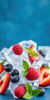 Fresh berries and mint leaves piled on ice cubes create a vibrant summer treat display photo
