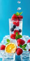 Refreshing summer drink tall glass filled with ice, raspberries, blueberries, and mint leaves on a bright blue background photo