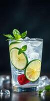 Refreshing beverage with sliced lime, raspberry, and mint leaves on a dark background photo
