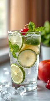 Refreshing summer drink with lime and mint garnished with cherry on ice photo