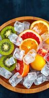 Fresh fruit assortment with ice cubes in a wooden bowl on a dark background for summer refreshments photo