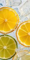 Slices of fresh lemon and lime with ice cubes create a vibrant drink background photo