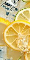 Refreshing lemon slices with sparkling water and ice, creating an appetizing drink photo