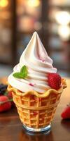 Soft serve ice cream topped with fresh strawberries and mint in a waffle cone at a dessert shop photo