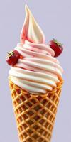 Colorful ice cream cone with cherry toppings and swirls of pink syrup on a light background photo