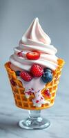 Soft serve ice cream with mixed berries in a waffle cup on a marble surface photo