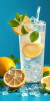 Refreshing citrus drink with mint leaves served in a tall glass on a bright blue background with fresh lemons photo