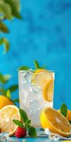 Refreshing lemon and mint beverage served over ice with vibrant blue backdrop photo