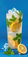 Refreshing lemon mint beverage with ice on a vibrant blue background photo