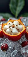 Vibrant fruit dessert arrangement with creamy filling and seeds on ice photo