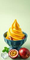 Smooth and creamy mango soft serve displayed in a blue bowl with fresh fruits and mint leaves on light background photo