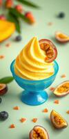Delicious tropical sorbet served in a blue bowl with fresh fruits displayed around it photo