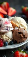 Delicious assortment of ice cream flavors garnished with fresh berries on a white plate photo