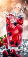 Refreshing summer drink with berries and ice in crystal glass at a vibrant setting photo