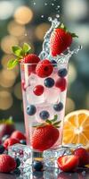 Refreshing summer beverage with mixed berries and citrus on a bright background photo
