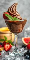 Delicious chocolate swirl dessert topped with fresh strawberries and mint leaves served in a elegant glass photo