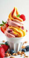 Colorful dessert swirl with fresh strawberries and raspberries in a white bowl on a light background photo