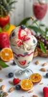 Colorful dessert bowl filled with ice cream, fruit, and nuts on a vibrant table setting with fresh ingredients photo