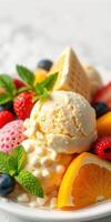 Indulgent dessert bowl featuring vibrant fruits and creamy ice cream on a bright surface photo