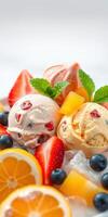Delightful ice cream sundae topped with fresh fruit, mint, and vibrant colors for a summer treat photo