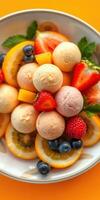 Colorful fruit and ice cream dessert served on a bright orange plate photo