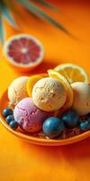 Vibrant arrangement of ice cream scoops with fresh citrus fruits and berries on a bright orange background photo