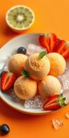 Delicious sorbet served on ice with fresh fruit at a vibrant summer gathering photo