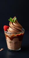 Delicious chocolate soft serve topped with fresh strawberries and mint on a dark background photo