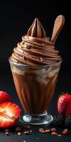 Rich chocolate soft serve topped with whipped cream alongside fresh strawberries and blackberries photo