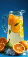 Refreshing citrus beverage with orange slices garnished with mint on blue background photo