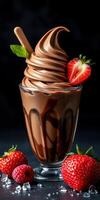 Chocolate swirl dessert served in a glass with fresh strawberries on a dark background photo