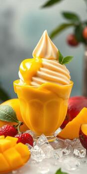 Creamy mango dessert topped with whipped cream and fresh fruits on display photo