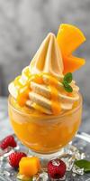Delicious frozen dessert topped with fresh mango and raspberries served in a clear glass bowl photo