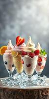 Delicious dessert display featuring various ice cream sundaes with fresh strawberries and oranges photo