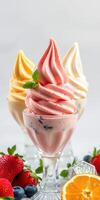 Colorful frozen desserts served in elegant glasses with fresh berries and mint leaves on a light background photo
