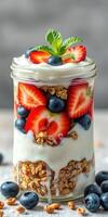 Delicious yogurt parfait layered with fresh strawberries, blueberries, and granola served in a glass jar photo