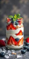 Layered parfait with fresh strawberries and blueberries in a jar served on a rustic table photo