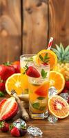 Refreshing summer cocktails featuring fresh fruits and vibrant colors on a wooden table photo