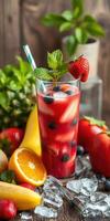 Refreshing fruit drink garnished with mint and strawberries on a wooden table with assorted fruits at a summer gathering photo