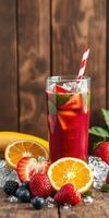 Refreshing summer beverage with assorted fruits on wooden background photo