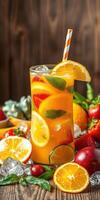 refrescante agrios bebida con vibrante frutas desplegado en un rústico de madera mesa durante un soleado día foto