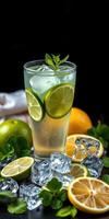 Refreshing citrus drink with mint on a dark background surrounded by fresh fruit and ice cubes photo